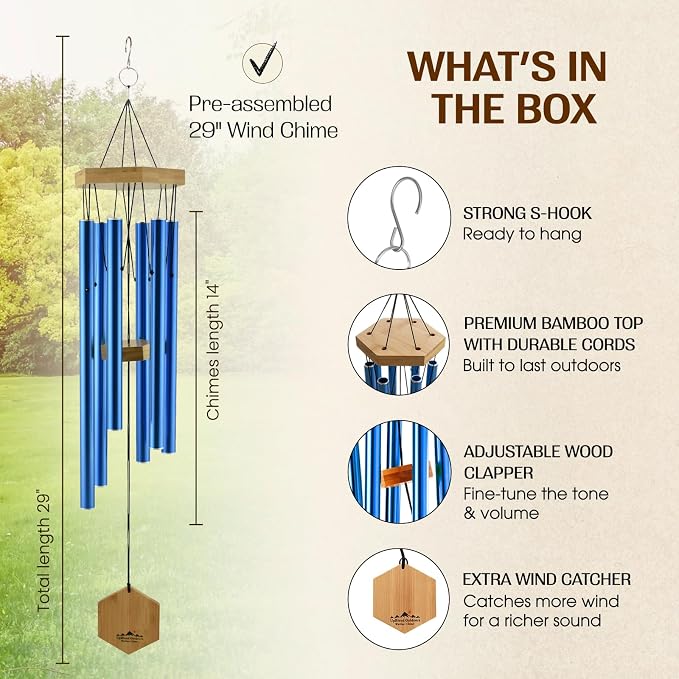 Blue Wind Chimes for Outside, 29 Inch Hand Tuned G Major Pentatonic Wind Chime, Memorial Sympathy Gift for Loss of Loved One, Deep Tone Aluminum Bamboo Garden Patio Porch Decor