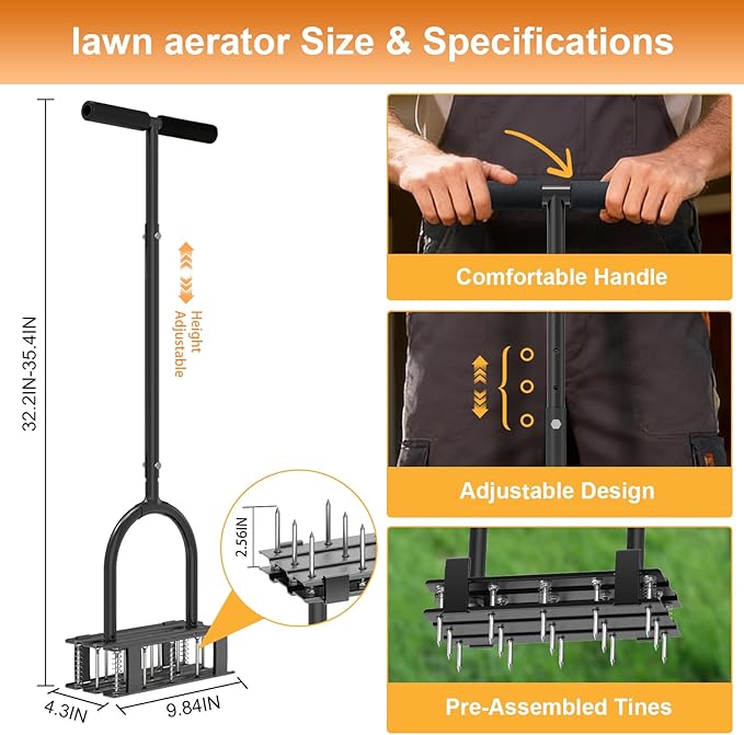 Aerator Lawn Tool - 2-in-1 Reinforced Heavy Duty Manual Lawn Aerator with 15 Spikes, Automatic Dirt and Leaf Clean Design, Adjustable T-Handle (Yellow)