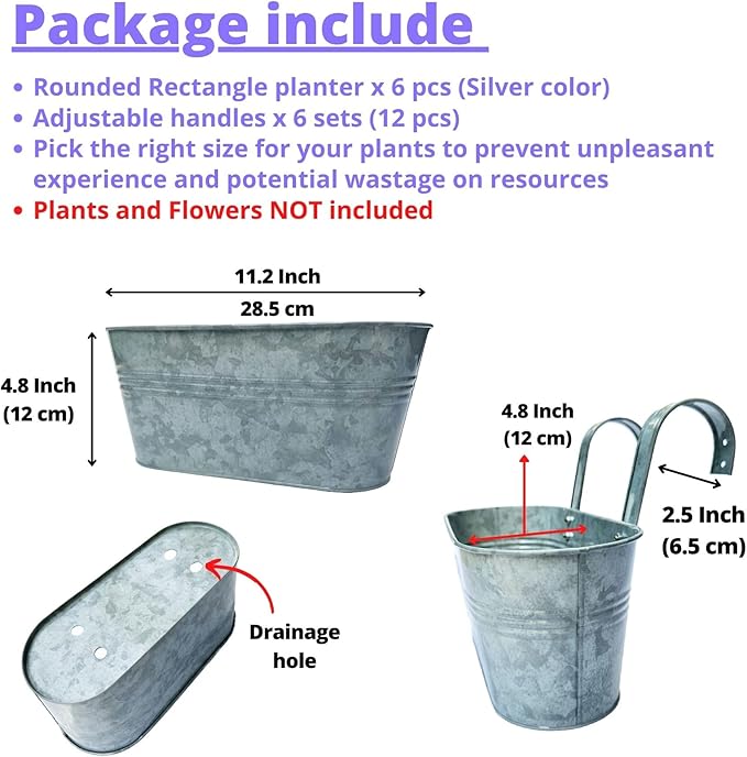 LaLaGreen Outdoor Rail Planter (11.2 Inch, 6 Pack) Silver Metal Iron Hanging Flower Pots Deck Railings Fence Buckets Modern Countryside Boho Style Wall Mount Window Box Plant Holder Hooks Porch Decor
