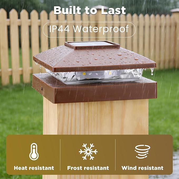 Solar Post Cap Lights Outdoor 8pack, Brown Waterproof Solar Powered Deck Fence Post Lights Fit 4x4 Wood/Vinyl Posts, Bright Warm White Solar Post Lights Decorate Deck, Patio, Porch, Fence