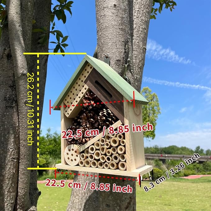 Wooden Insect Hotel for Garden, Natural Wood, Bee House and Ladybug House, Pollinator Bug Hotel to Attract Beneficial Insects