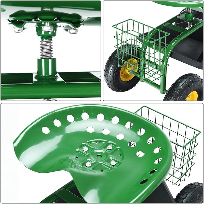 Giantex Rolling Garden Work Seat, 360 Swivel Gardening Workseat with Wheels, Tool Basket, Adjustable Height, Outdoor Scooter for Sitting, Gardening Stool Chair for Planting Trimming, Green