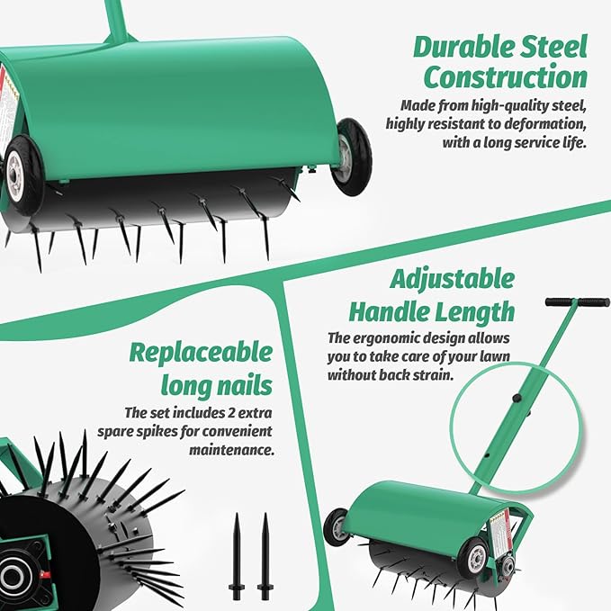 24 Inch Rolling Lawn Aerator, Heavy Duty Manual Aerator Tool, Up to 70 lbs, Push Spike Aeration Tool with 42 Spikes, Suitable for Lawns, Garden, and Yard Grass Aeration [Green]