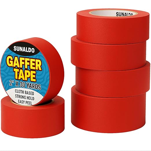 Gaffers Tape Heavy Duty, Easy to Rip, Residue-Free Professional Grade Floor Tape for Electrical Cords, Matte Finish Non Reflective, Weather Resistant (6, Red, 2" x 30 Yards)