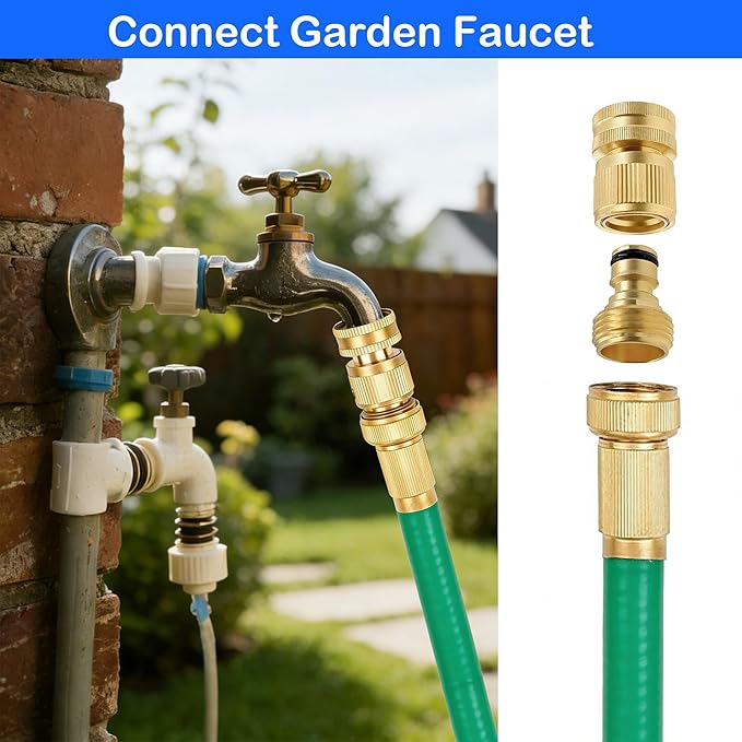 Hourleey Garden Hose Quick Connector, Solid Brass 3/4 Inch GHT Thread Garden Quick Connect Kit, Male and Female No-Leak Water Hose Fittings (6 Set)