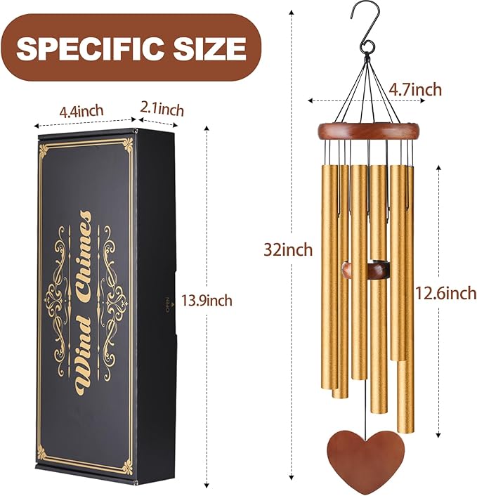 Gold Metal Wind Chimes Outdoor Large, Elegant Aluminum Tubes with Deep Tone, Modern Decorative Hanging Wind Chime for Garden Patio Porch Balcony Yard Home Decor
