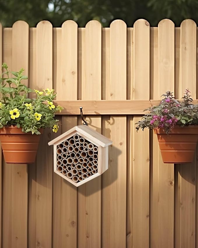 vensovo Mason Bee House - Replaceable Tubes Carpenter Bee Houses Bamboo Bee Hotel Wooden Bee Hive for Pollinating Bees, Outdoors, Carpenter Bees