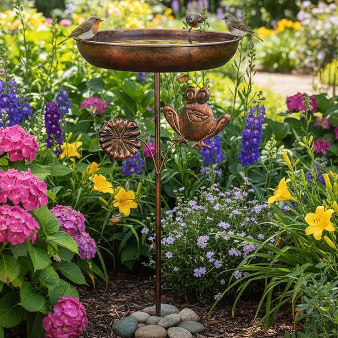 dreamysoul Bird Baths for Outside, 12 Inches Dia Bird Bath Feeder Bowl with Frog Decor, Freestanding Metal Birdbath for Outdoors Garden Patio Yard Lawn