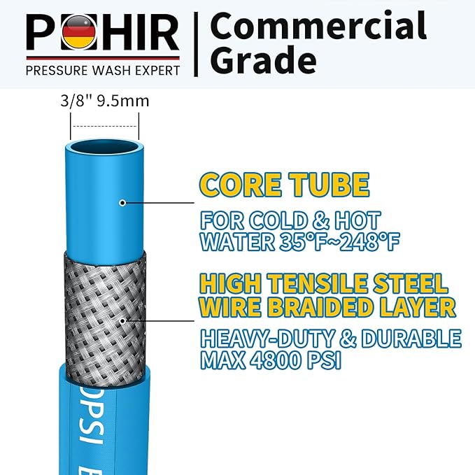 POHIR 10ft Pressure Washer Hose 3/8" 4800 PSI, No Marking Kink Free Hose with Quick Connect Ends and Adapters for Hot & Cold Water up to 248°F, Steel Wire Braided Hose for Power Washing