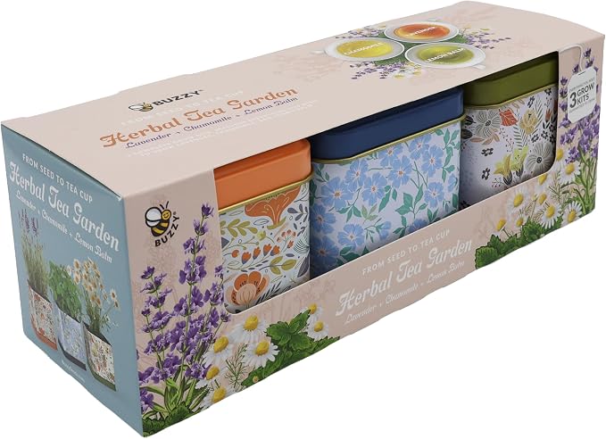 Buzzy Seeds Herbal Tea Garden Grow Kit 3-Pack - Metal Windowsill Planter - Complete Indoor/Outdoor Gardening Kit with Seeds, Coconut Husk Growing Medium & Genuine Pots - 100% Grow Guarantee
