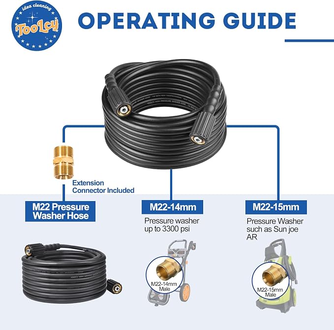 TOOLCY Pressure Washer Hose 50 ft,1/4" Kink Resistant Power Washer Hose M22 Replacement for Ryobi, Troy Bilt, Greenworks, CRAFTSMAN High Pressure Washers, 3300 PSI