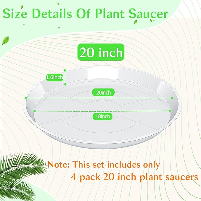 FUIJOL 4 Pack Clear Plant Saucer 20 Inch, Durable Plant Drip Trays Saucers for Pots, No Holes Water Catcher Trays for Indoor Outdoor Planter, Sturdy Base Plate(20", Clear)