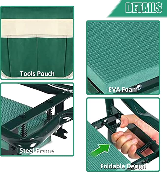 FozsKeylf Garden Kneeler and Seat, Soft EVA Kneeling Pad Stool with Tool Pouch, Heavy Duty Foldable Gardener Stool, Green