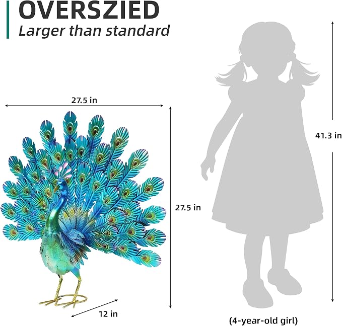 27.5" Metal Peacock Garden Statue with Tail Spread, Handmade 3D Textured Peacock Garden Sculptures Metal Yard Art for Patio, Garden or Entryway