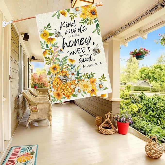 Baccessor Summer Bee House Flag 28x40 Inch Double Sided Burlap, Kind Word Honey Sweet Yellow Floral Flowers Holiday Porch Patio Outdoor Outside Decoration