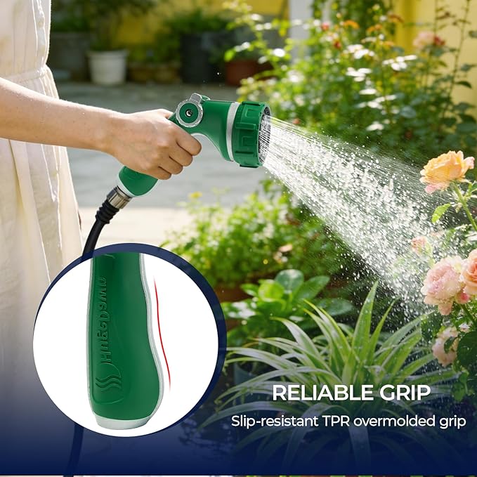 HugeDawn Garden Hose Nozzle with 7 Spray Patterns, Heavy Duty Metal Sprayer 30% Greater Water Flow for Watering, Car Wash, Outdoor Cleaning (Green)