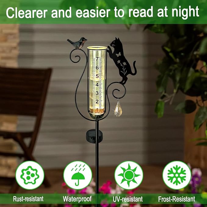 Rain Gauge Outdoor,Decorative Metal Black Cat and Bird Solar Light Stake with Glass Rain Gauges for Yard,Garden,Lawn, Pathway