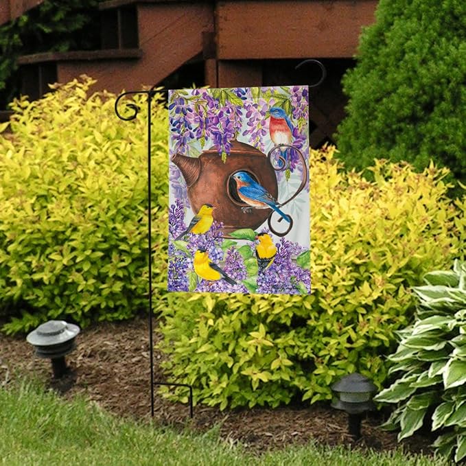 Teapot Birdhouse Spring Garden Flag Goldfinches Floral 12.5"x18" Briarwood Lane