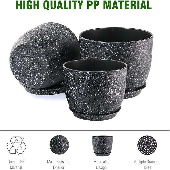 WSMKSZ Large Flower Pots 12/10/9 inch, Set of 3 Modern Decorative Plastic Planters with Drainage Holes and Saucers for Garden House Plants, Plant Pots for Indoor Outdoor Plants, Speckled White