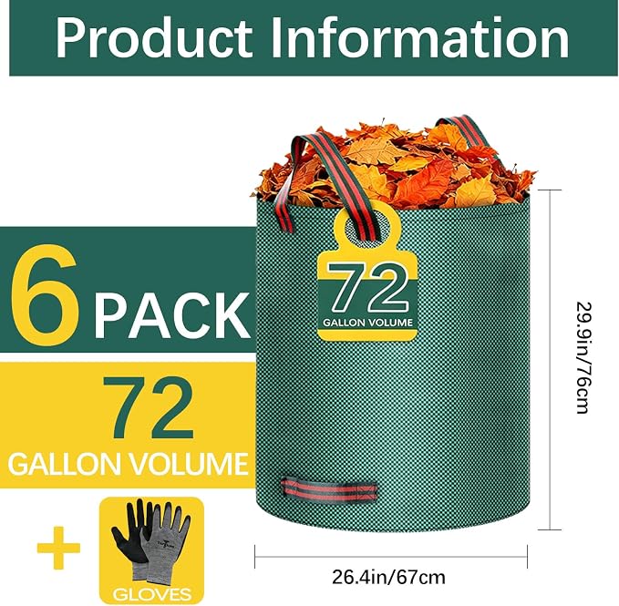 6 Pack 72 Gallon leaf bags reusable yard waste bags lawn bags,1 pairs of gardening gloves are included,Suitable for camping yards, can Cleaning debris, leaves,grass clippings