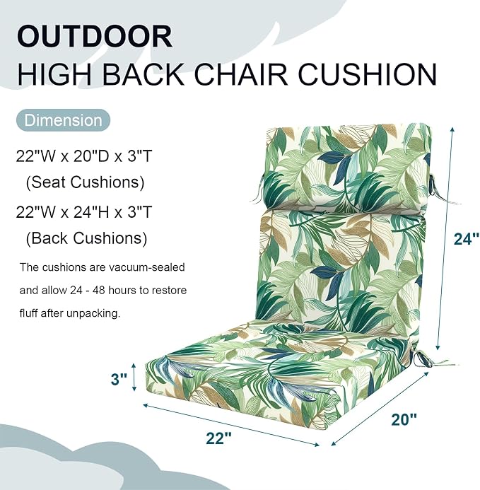 DYTXIII Outdoor High Back Chair Cushions Set of 2, 44"x22" Water Repellent Patio Seat Cushions with Elastic Sponge, All Weather Chair Pads for Rocking, Dining Chairs, Patio Furniture - Lush Leaf Green