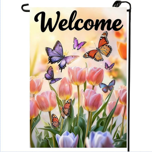 Spring Summer Garden Flag 12x18 Double Sided, Small Burlap Flowers Tulip Welcome Garden Flags Spring Summer Decorations Outdoor Yard Flags for Outside Lawn Décor