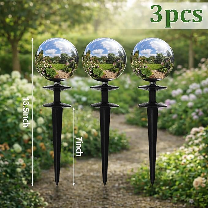 Tandefio 3 Pcs Garden Hose Guide Spike 13.5 Inch Ball Heavy Duty Water Hose Guard Roller Spike Decorative Cast Iron Metal Stakes Protector for Flower Bed Plant Protection Outside Yard Lawn (Silver)