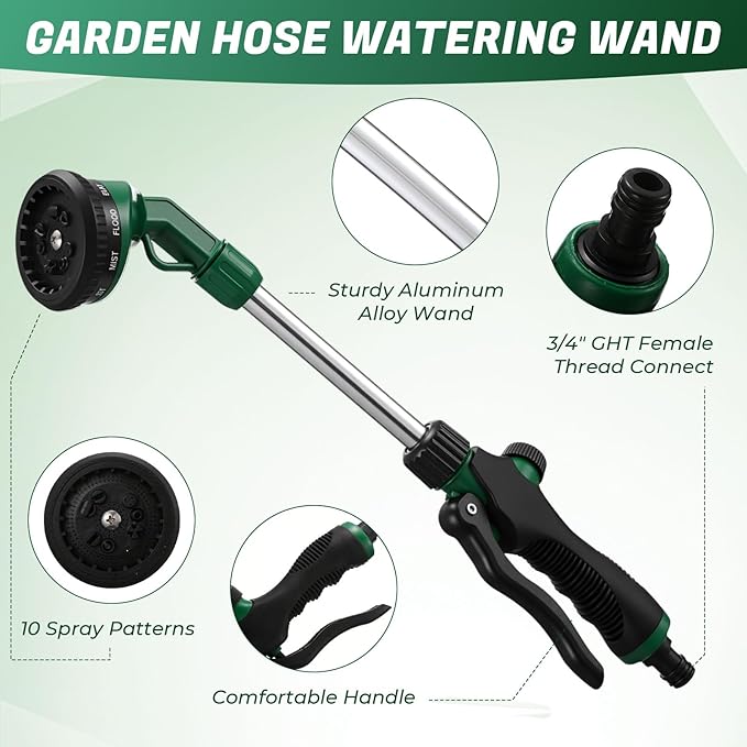Hushee 2 Pack Garden Hose Watering Wand, 17.7 Inch Metal Watering Wand with 10 Spray Patterns and Shut Off Valve, Hose Sprayer Nozzle for Hanging Baskets Shrubs Plants Garden Lawn(Green)