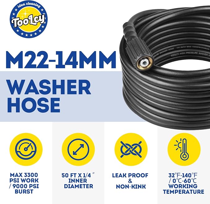 TOOLCY Pressure Washer Hose 25 ft, 1/4" Kink Resistant Power Washer Hose M22 Replacement for Ryobi, Troy Bilt, Greenworks, CRAFTSMAN High PressureWashers, 3300 PSI