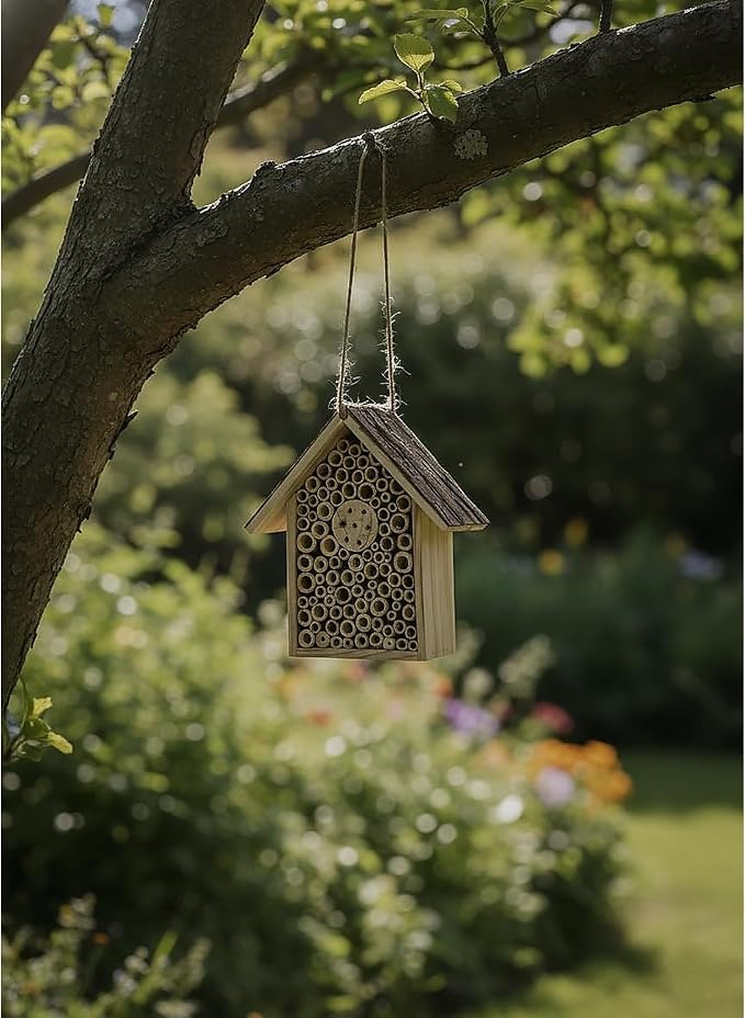 Redwood Mason Bee House - Solitary Bee Hotel & Wooden Pollinator House | Leafcutter Bee Hive with Easy-Hang Jute Rope | Weatherproof Insect Hotel & Outdoor Garden Decor for Pollinators