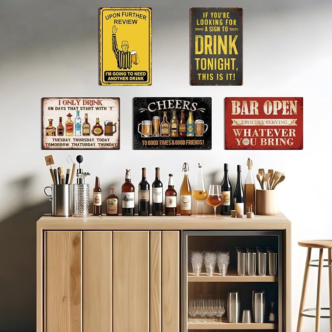 Vintage Metal Sign, Metal Wall Art, Funny Bar Signs, Motivational Positive Affirmations Wall Decor, Funny Tin Signs for Home Office School Gym & Locker Room 8x12 Inch (5-Pack Metal Bar Signs)