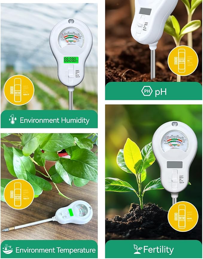 6-in-1 Soil pH Meter, Soil Moisture Tester with Detachable Probe, Backlit LCD & Dial Display, Includes Battery & 3 Spare Probes for Garden, Farm, Lawn Plants