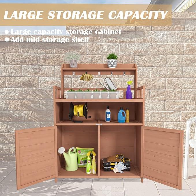 Outdoor Potting Bench with Storage,Wood Gardening Table for Planting,Outside Patio Garden Work Tables with Large Storage Cabinet & Top Shelf