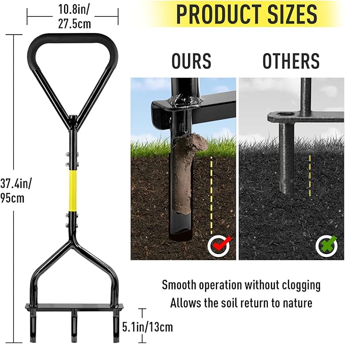 Jardineer Core Aerator Lawn Tool - 5" Deep Manual Soil Plug Aerator, Upgraded Triangular Handle Lawn Aeration Tool with Non-Clogging Hollow Tines for Greener Grass & Garden Care