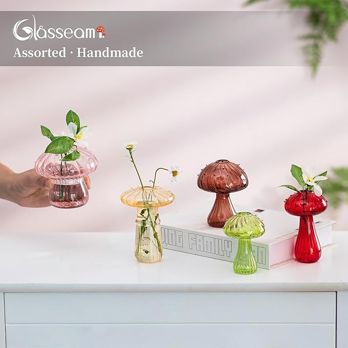 Glasseam Mushroom Plant Propagation Station: 5pcs Colored Glass Mini Terrarium for Plants, Cute Small Propagation Vases for Flowers - Unique Hydroponic Indoor Planters Gifts for Women's Room Decor