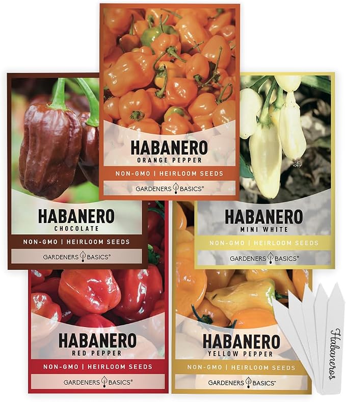 Gardeners Basics, Habanero Pepper Seeds for Planting - 5 Varieties Pack Hot Pepper Seeds, Red, Orange, Yellow, Chocolate, White Habanero Seeds Non GMO, Heirloom Garden Seeds