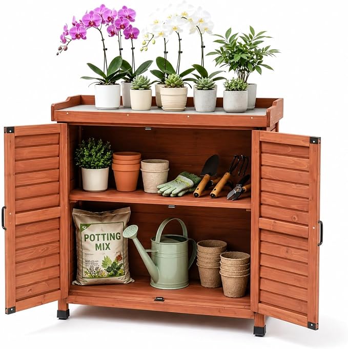 Outdoor Garden Storage Cabinet with Potting Bench, Wood Cabinet with Metal Top, Planting Workstation Table for Patio, Backyard and Garden Tools (Brown)