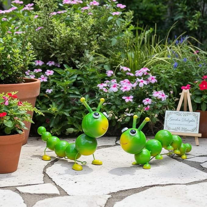 Cruis Cuka Metal Caterpillar Statue Yard Art Garden Decor for Outside Patio Lawn Ornaments Fence Decorations Gift for Family,Friends,Garden Lovers - Set of 2(Green)