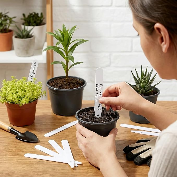 Whaline 200Pcs Thick Plastic Plant Labels with Hole White Waterproof Garden Stake Tag Marker Signs for Greenhouse Garden Seedlings Flowers Spotted Plants with 2 Marker Pen and Twine (12.5 CM)
