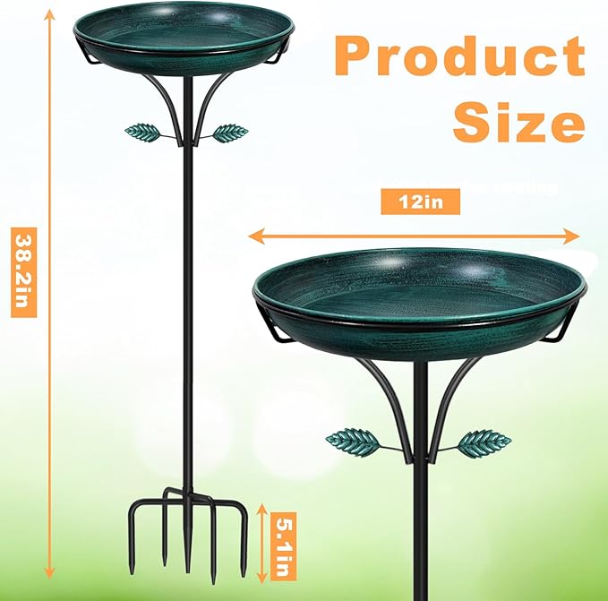 Metal Bird Bath for Outdoor, Vintage Free Standing Birdbathswith Metal Stake Stand,Detachable Bird Baths Feeder Bowl for Garden Patio Yard Lawn Decor,Upgraded 5-Pronged Base (Green)