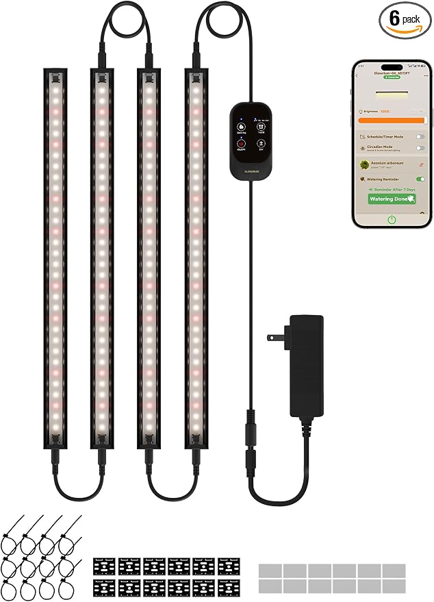 GLOWRIUM Smart Grow Lights for Indoor Plants with APP, 15" Full Spectrum Grow Light Strips, G6 Plant Light Strip with auto Timer, 3 Angle dimming Levels for Plant Shelf, 4-Pack (Black, 32W)