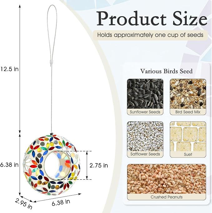 6 Inch Mosaic Glass Hanging Bird Feeder for Outdoors，Fly Through Bird Feeders for Wild Birds, Cute Seed Container with Round Shape for Backyard Window Garden Porch, Colorful Floral Mosaic