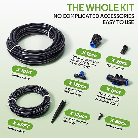 HIRALIY 50FT Quick-Connect Drip Irrigation Kit, Garden Watering System with 40FT 1/4" Tubing, 10FT Main Hose & 12 Adjustable Drippers for Patio Pots, Raised Beds & Small Vegetable Gardens