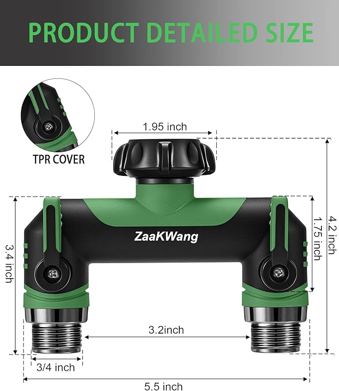 Garden Hose Splitter 2 Way, Heavy Duty Water Hose Spigot Bib Splitter, Outdoor Faucet Splitter with Shutoff Valve, T Adapter Connector with 3/4 - Inch GHT Thread (Green)