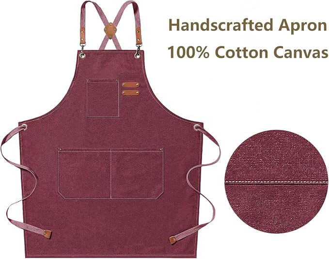 AFUN Chef Aprons for Men Women with Oversized Pockets, 16-Ounce Cotton Canvas Cross Back Heavy Duty Work Apron (Dark Red)
