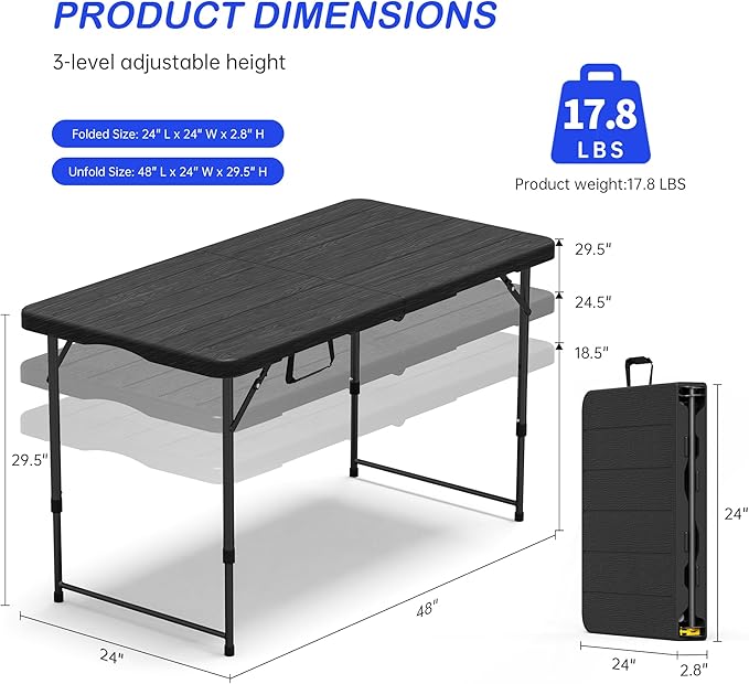 VSOAEIL Set of 2Folding Table 4 Foot for Indoor Outdoor, Portable Heavy Duty Fold-in-Half Utility Small Plastic Adjustable Height Folding with Carrying Handle for Picnic and Party, 2 Pack Matte Black