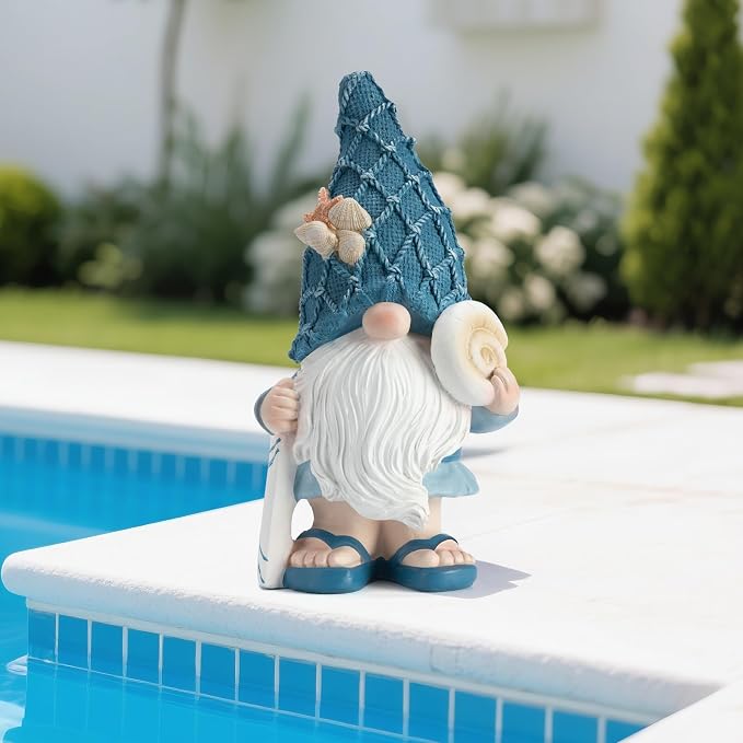 Etlemonde Beach Gnomes Statues, Ocean Gnomes, Nautical Themes Decoration, Resin Gnome Holding a Surfboard, 8.6 Inches