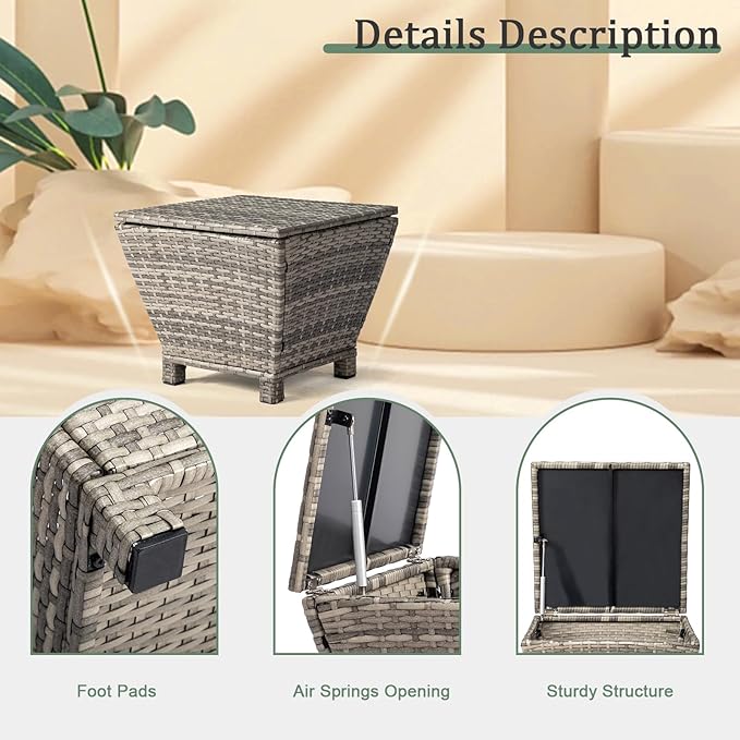 VINGLI Outdoor Side Table with Storage, 13-Gallon Patio Deck Box Outdoor Wicker Side Table for Poolside Balcony Storage Table (Grey, Trapezoid)