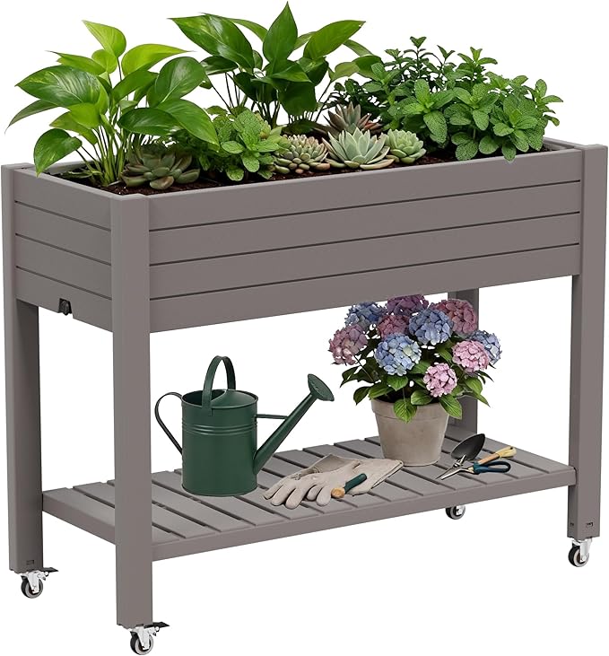 33.7" Tall Raised Garden Bed with Wheels, Divisible Resin Planter Box with Drainage Gauge & Storage Shelf, Herb Planter for Garden Patio Backyard, Light Brown (33.7" h)