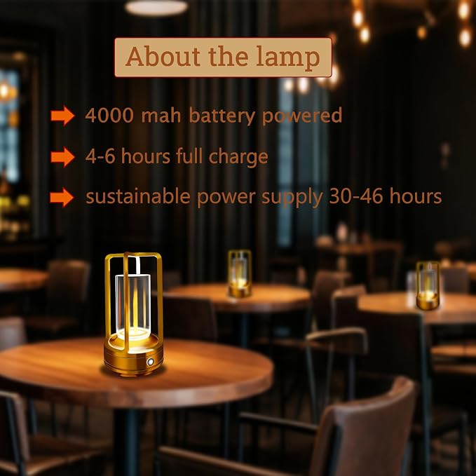 Set of 2 Outdoor Table Lamp, 4000mAh Rechargeable battery operated lamp, 3 Color Stepless Dimmable Cordless Table Lamp for Patio, Camping, Coffee table, crystal lantern lamp for Indoor/Outdoor (Gold )